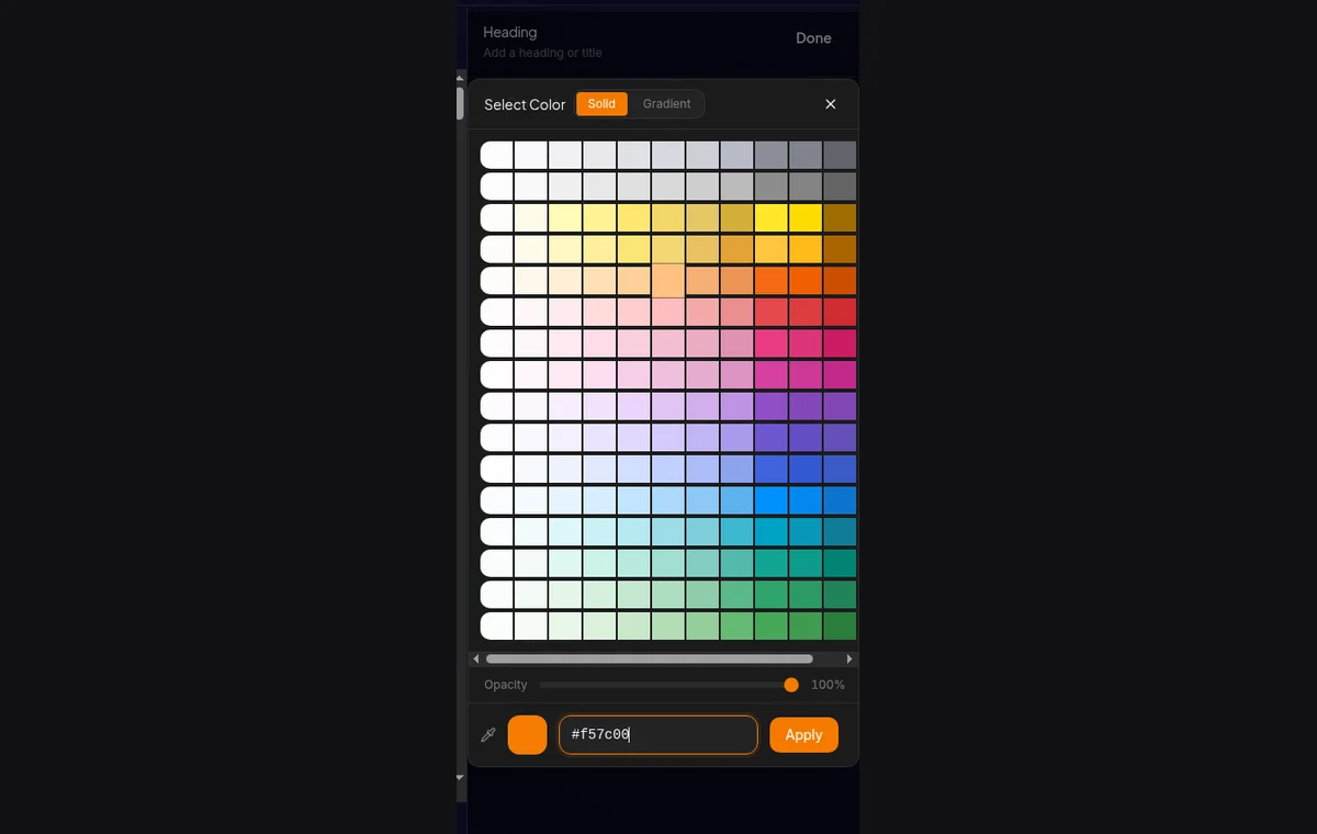 color picker terbuka dengan hex input #f57c00 dan opacity slider di 100%