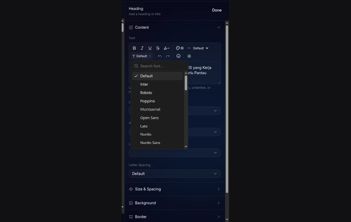 section Font di Design tab — dropdown Heading Font dan dropdown Body Font, preview teks kecil di bawahnya