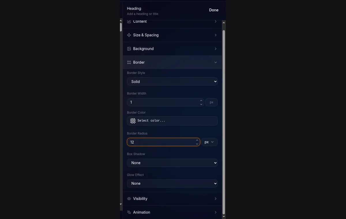 tampilan komponen dengan Border — contoh penggunaan width dan radius di panel Style