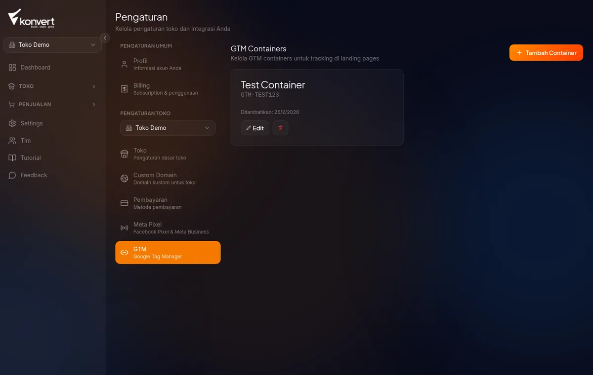 Halaman pengaturan GTM di Konvert — daftar GTM Containers