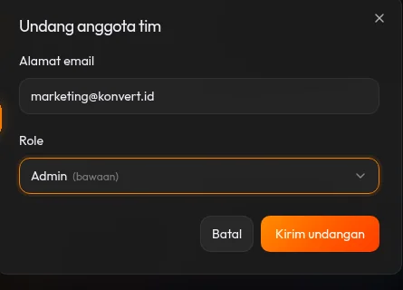 Tombol kirim undangan di modal aktif setelah email dan role diisi