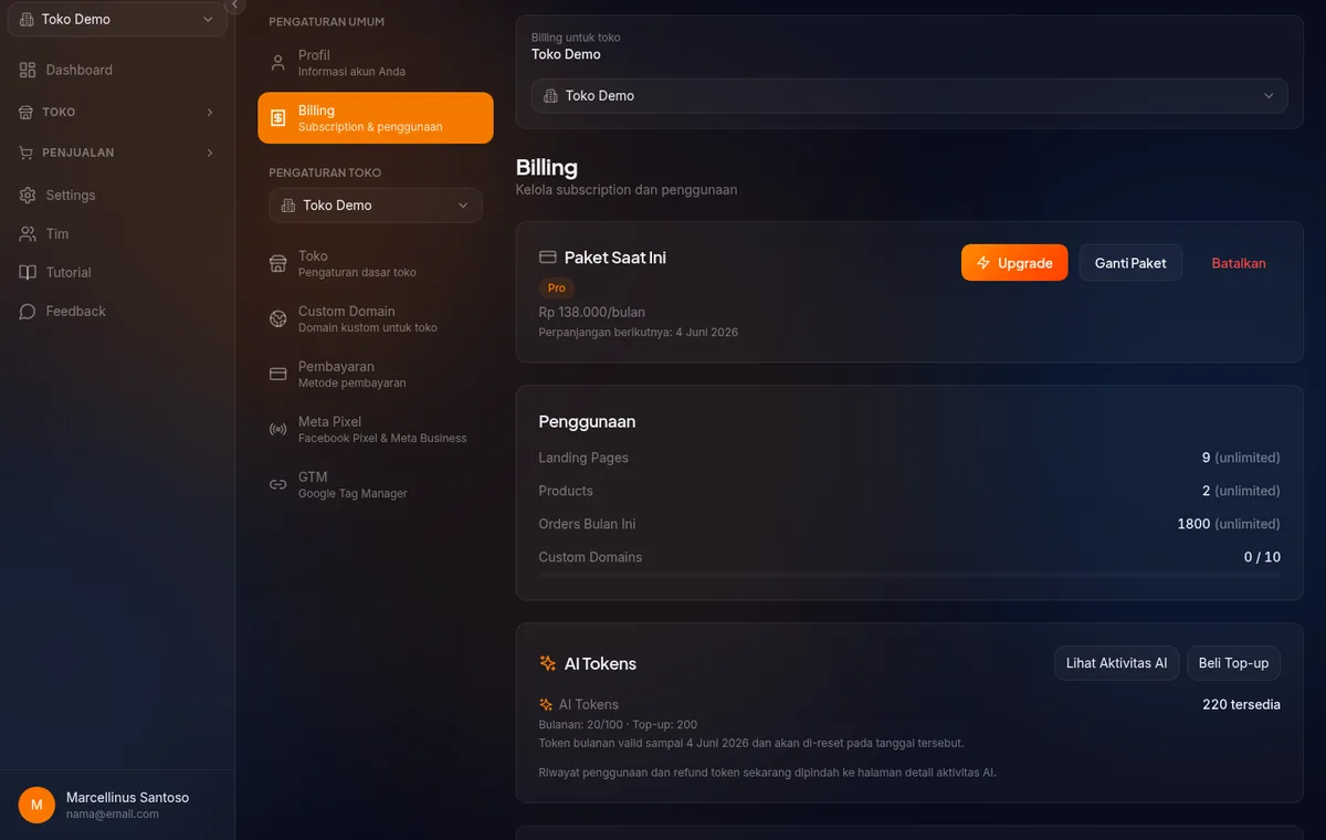 Halaman /settings/billing — Paket Saat Ini, section Penggunaan, AI Tokens, Pembayaran DOKU, dan Riwayat Pembayaran