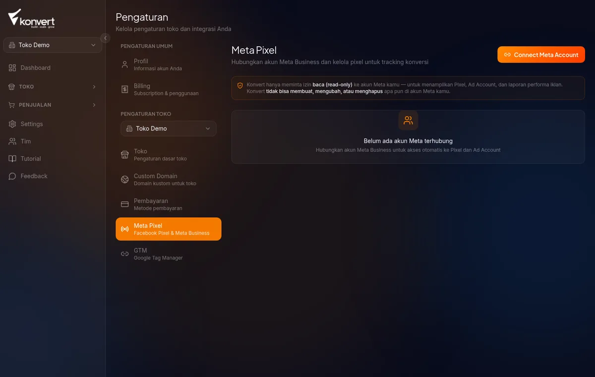 halaman Settings → Meta Pixel dengan status koneksi aktif, menampilkan nama ad account dan pixel ID