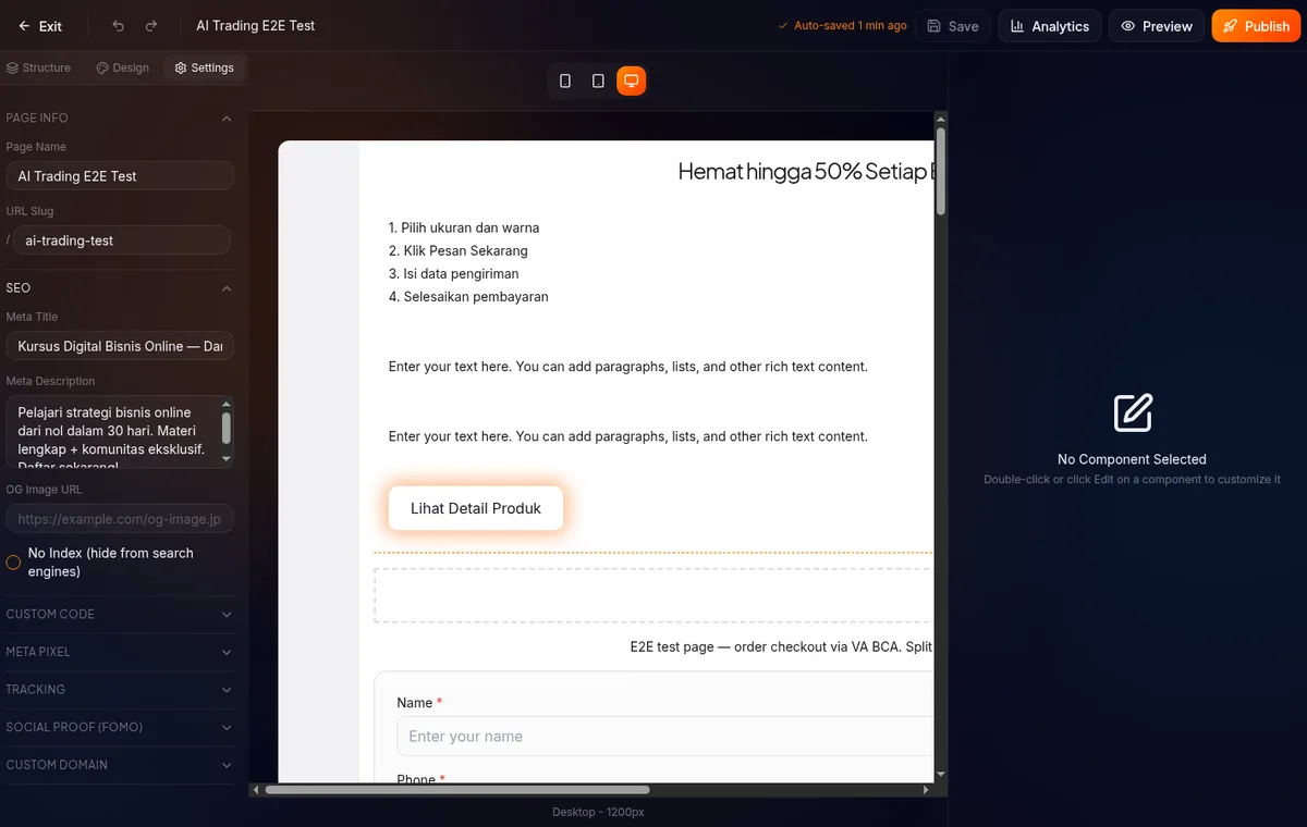 panel kiri tab Settings — section SEO: Meta Title, Meta Description, OG Image