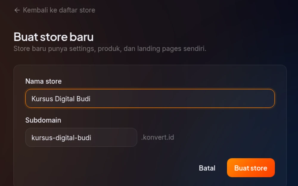 Form buat toko baru field nama store subdomain dan tombol buat store