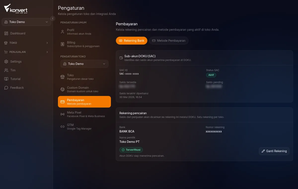 Tab Metode Pembayaran — daftar metode (QRIS, Virtual Account semua bank, OVO, ShopeePay, Kartu Kredit) dengan toggle aktif/nonaktif per metode