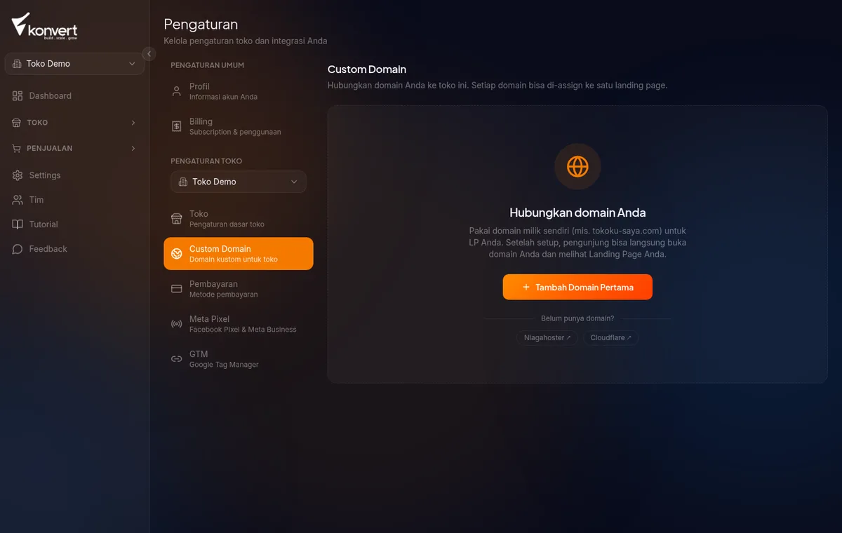 halaman Settings → Domains dalam kondisi kosong (empty state), sebelum ada domain ditambahkan
