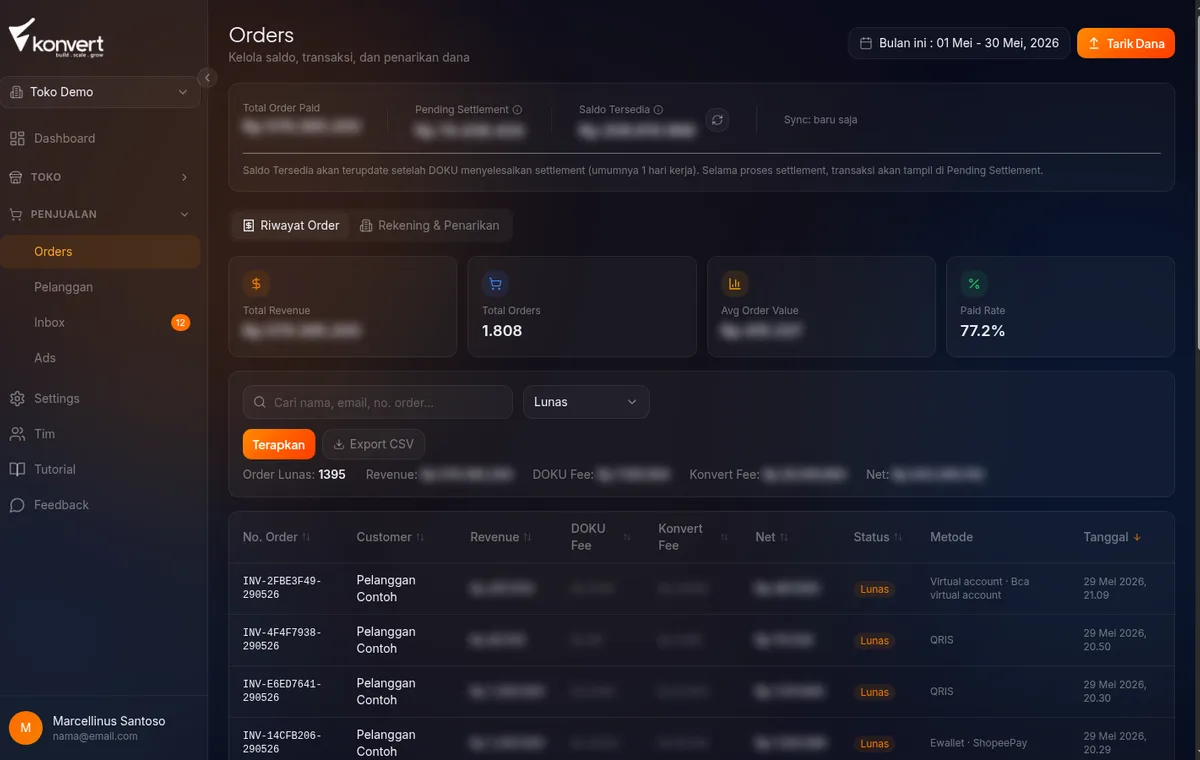 Card saldo di orders dengan tombol tarik saldo card terlihat di atas table list orde